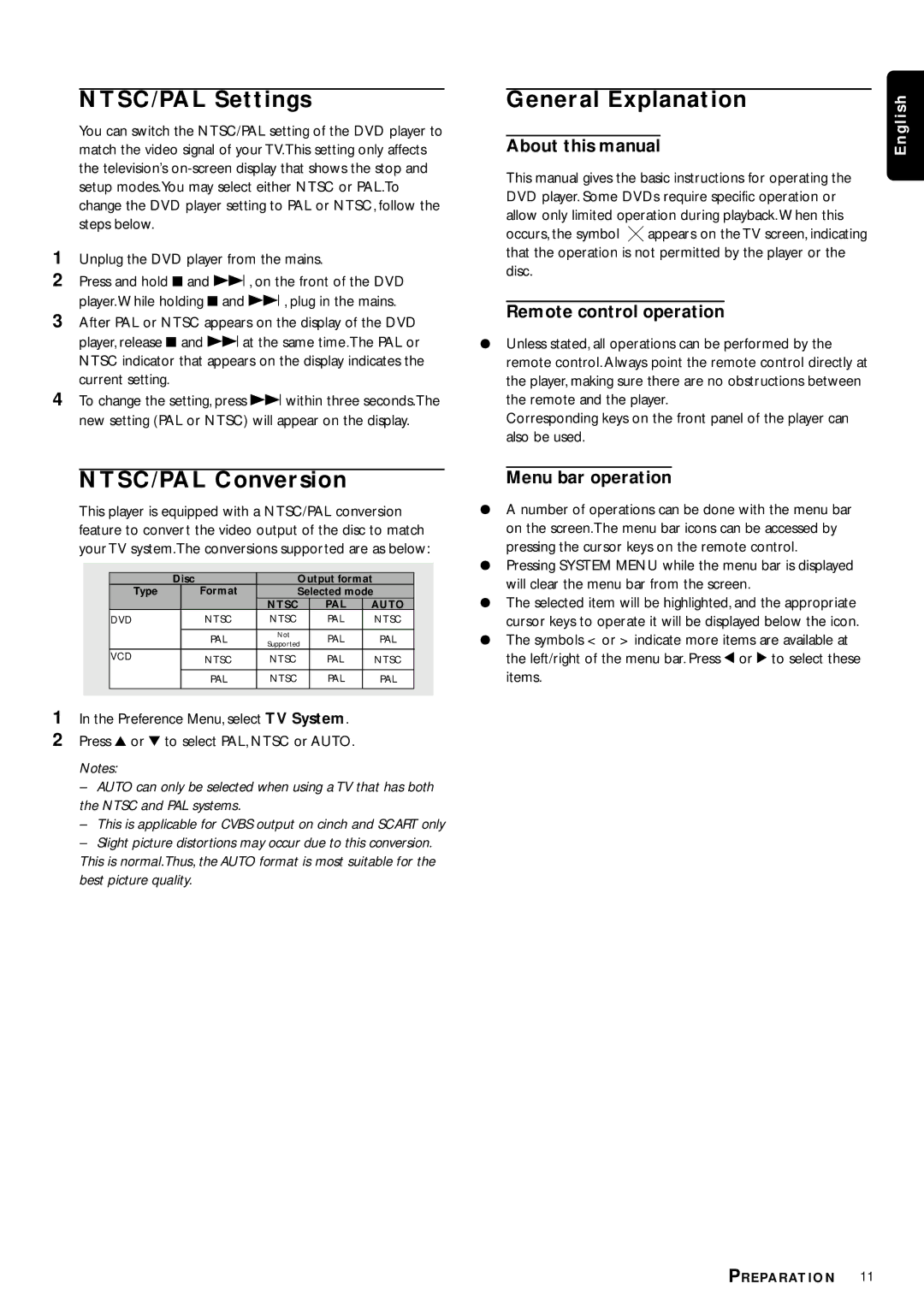 Philips DVP3110K/75 owner manual NTSC/PAL Settings, General Explanation, NTSC/PAL Conversion 