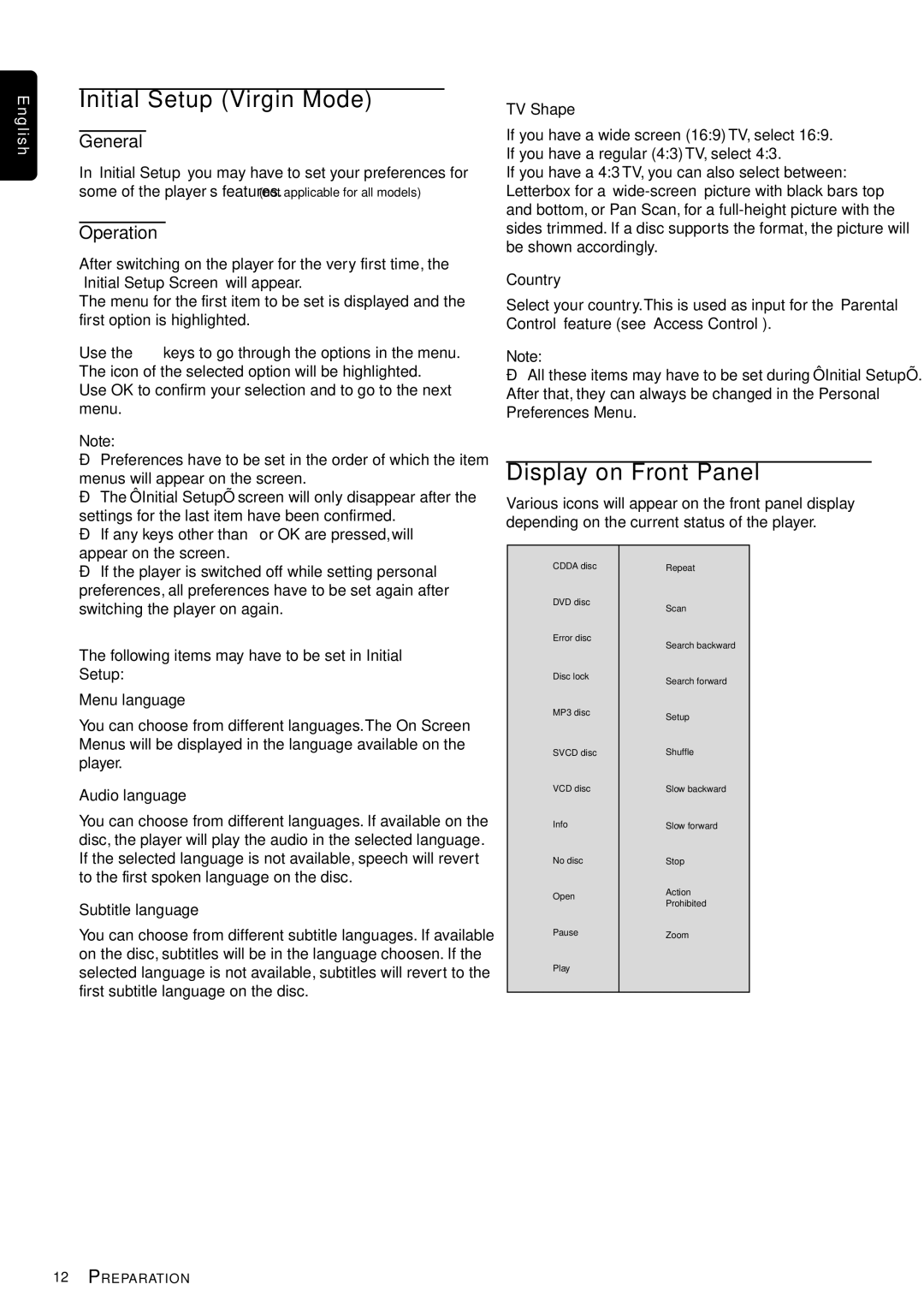 Philips DVP3110K/75 owner manual Initial Setup Virgin Mode, Display on Front Panel, General, Operation 