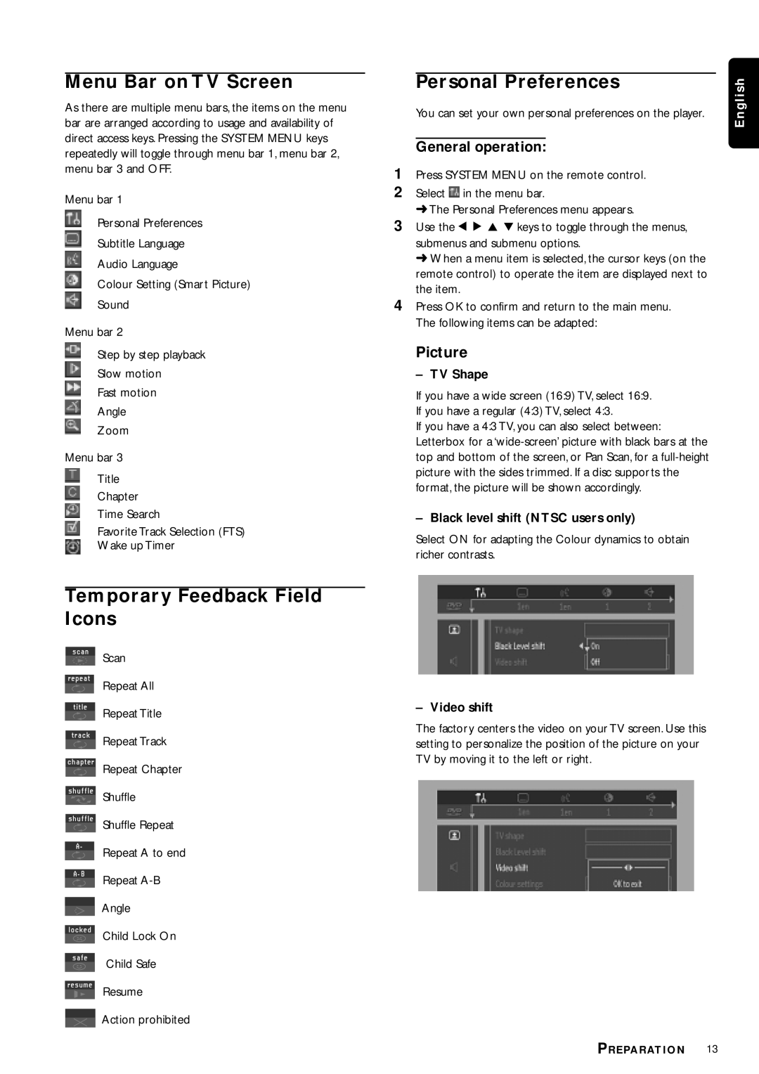 Philips DVP3110K/75 Menu Bar on TV Screen, Temporary Feedback Field Icons, Personal Preferences, General operation 