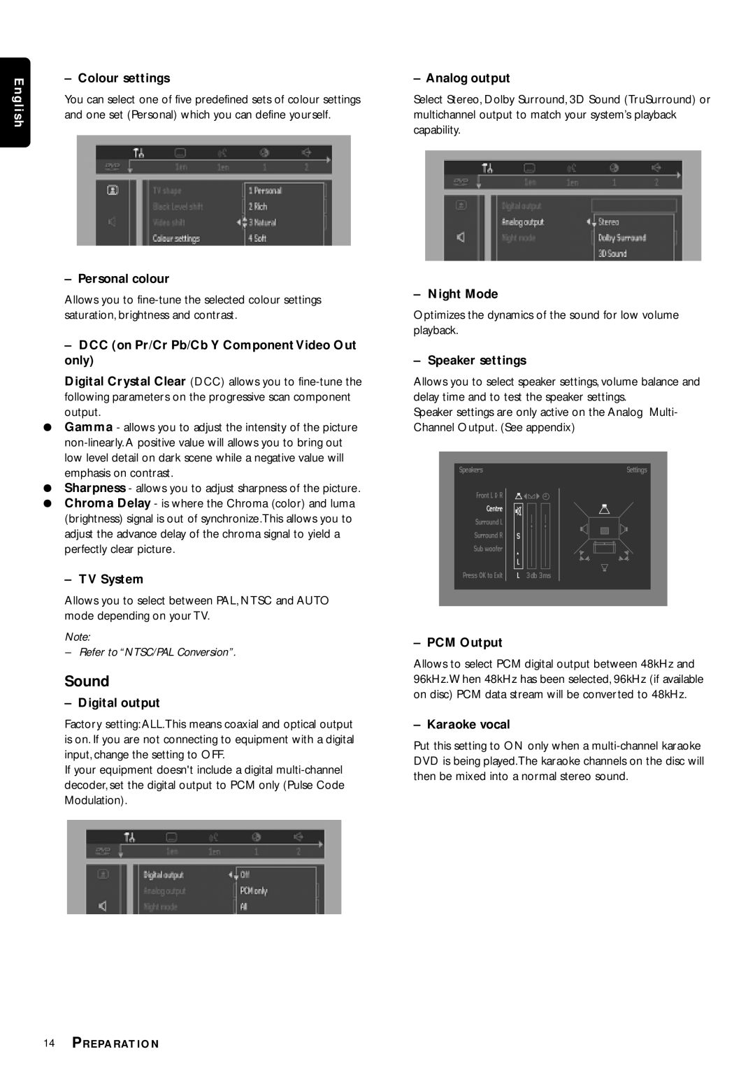 Philips DVP3110K/75 Colour settings, Personal colour, DCC on Pr/Cr Pb/Cb Y Component Video Out only, TV System, Night Mode 