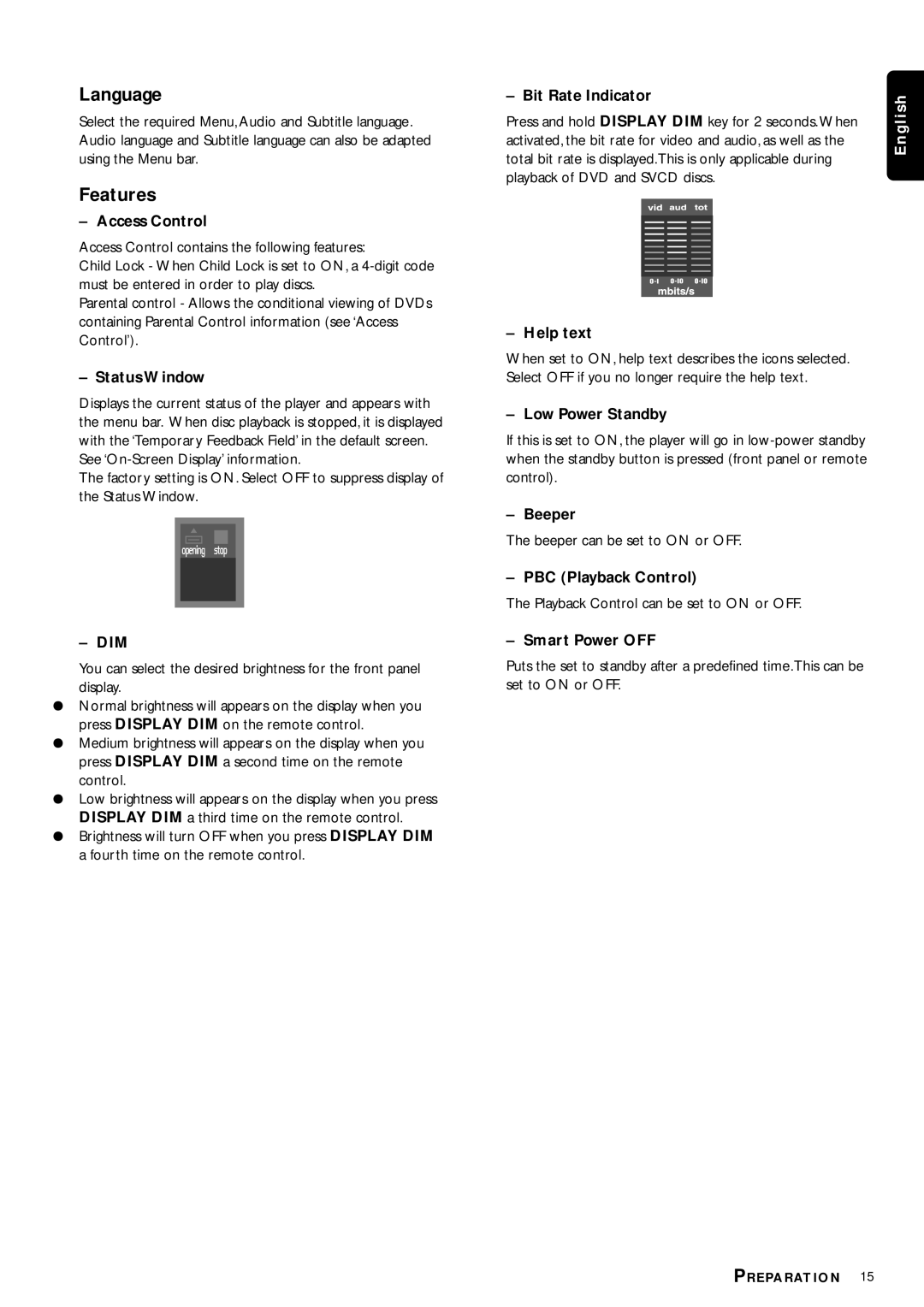 Philips DVP3110K/75 owner manual Access Control, Status Window, Bit Rate Indicator, Help text, Low Power Standby, Beeper 