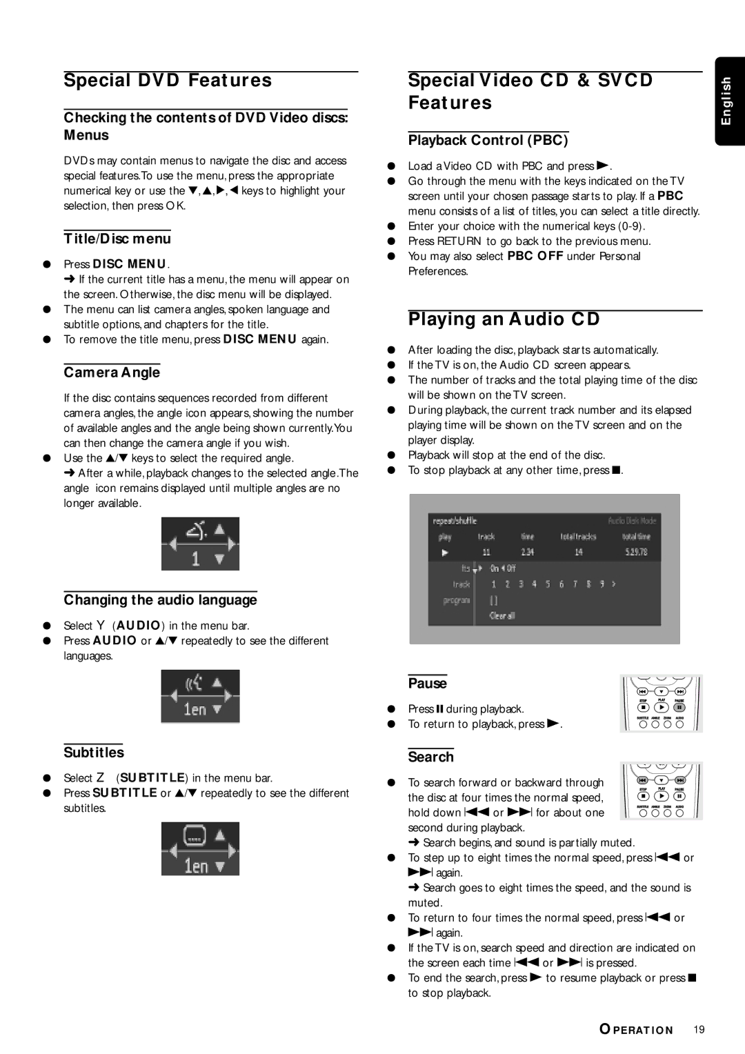 Philips DVP3110K/75 owner manual Special DVD Features, Special Video CD & Svcd Features, Playing an Audio CD 