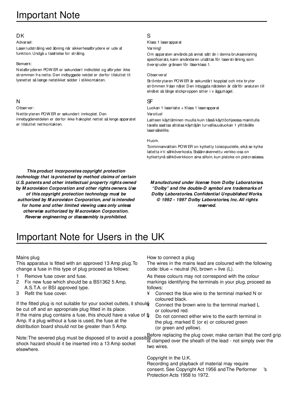 Philips DVP3110K/75 owner manual Important Note for Users in the UK, Mains plug, How to connect a plug 