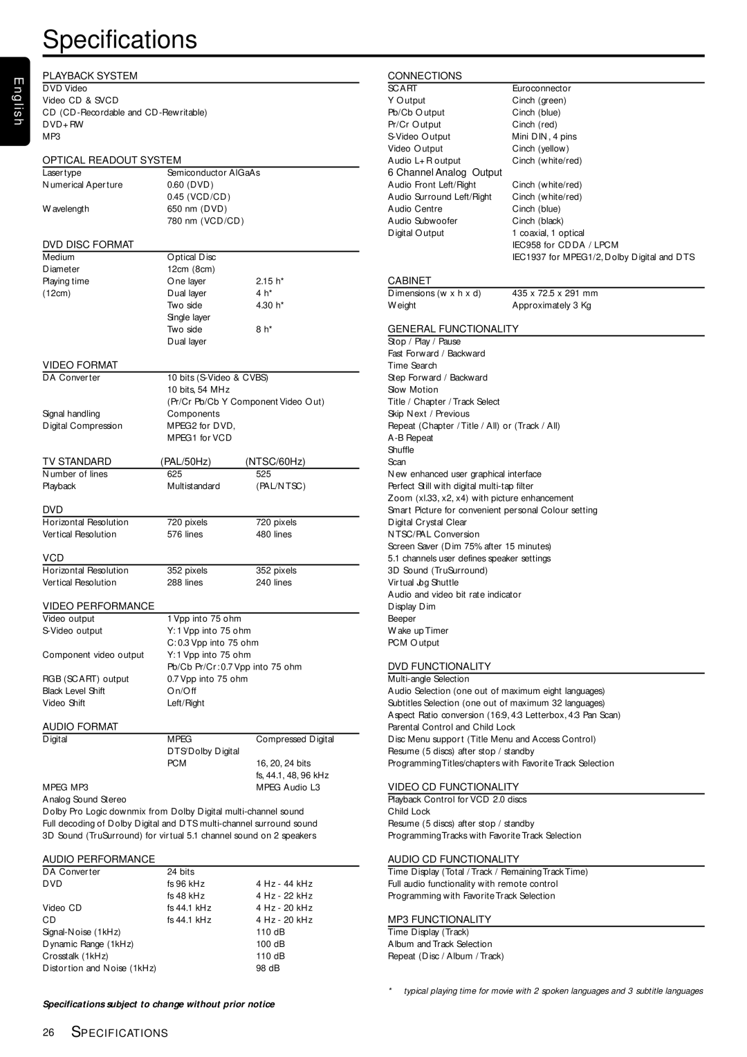 Philips DVP3110K/75 owner manual Specifications, Optical Readout System 