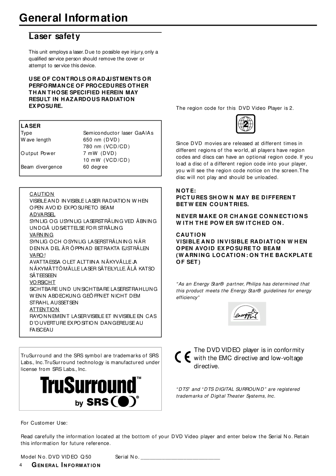 Philips DVP3110K/75 owner manual General Information, Laser safety 