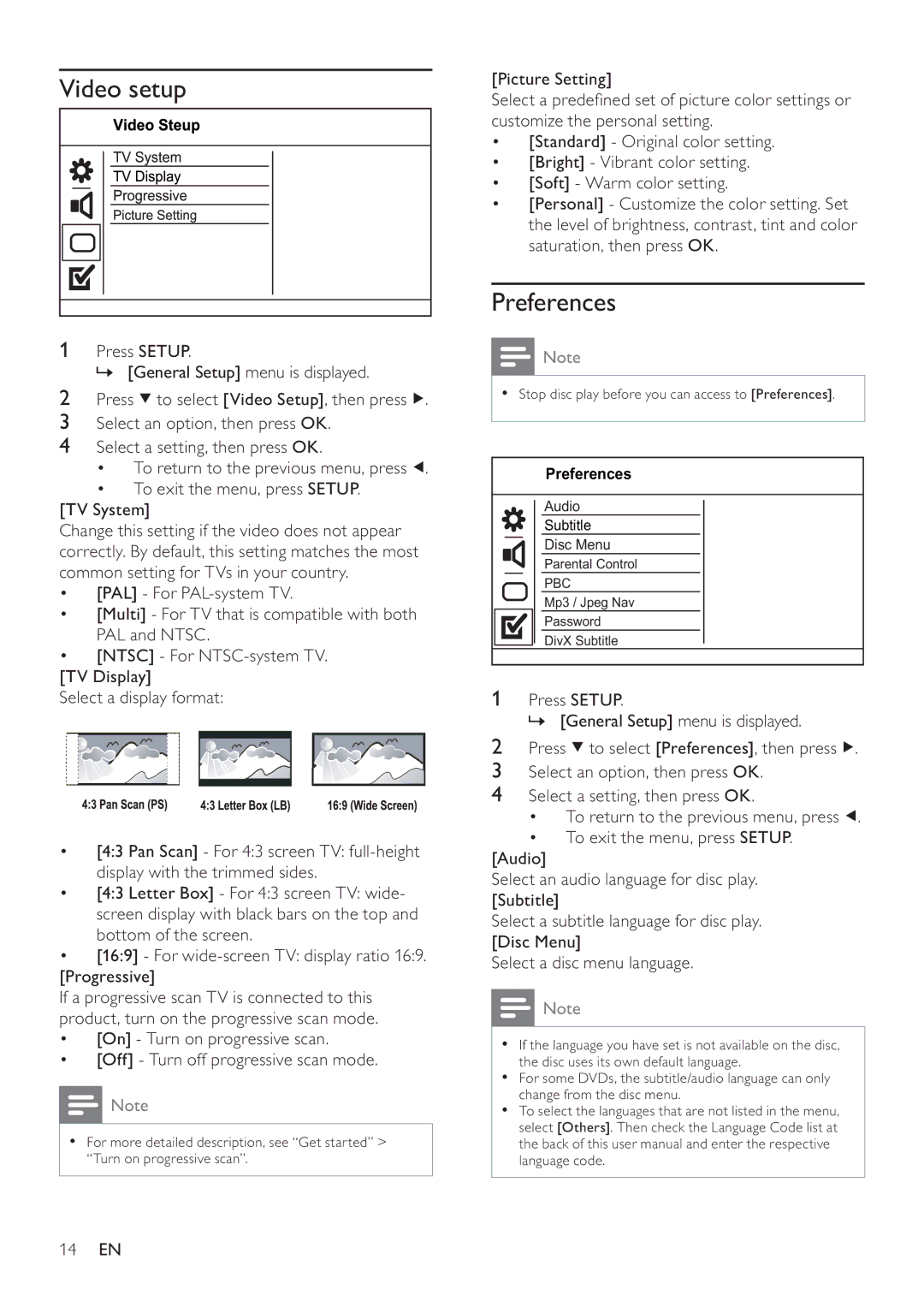 Philips DVP3111 user manual Video setup, Preferences, 14 EN 