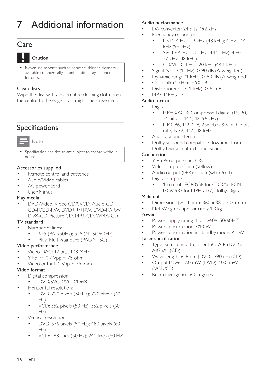 Philips DVP3111 user manual Additional information, Care, Speciﬁcations, Clean discs 