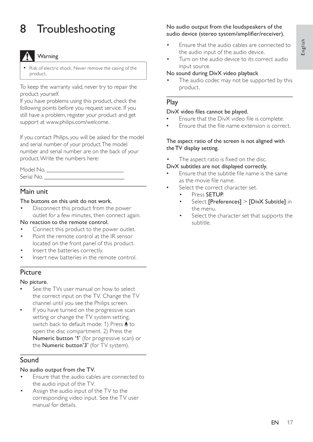 Philips DVP3111 user manual Troubleshooting, Main unit, Picture, Sound, Play 