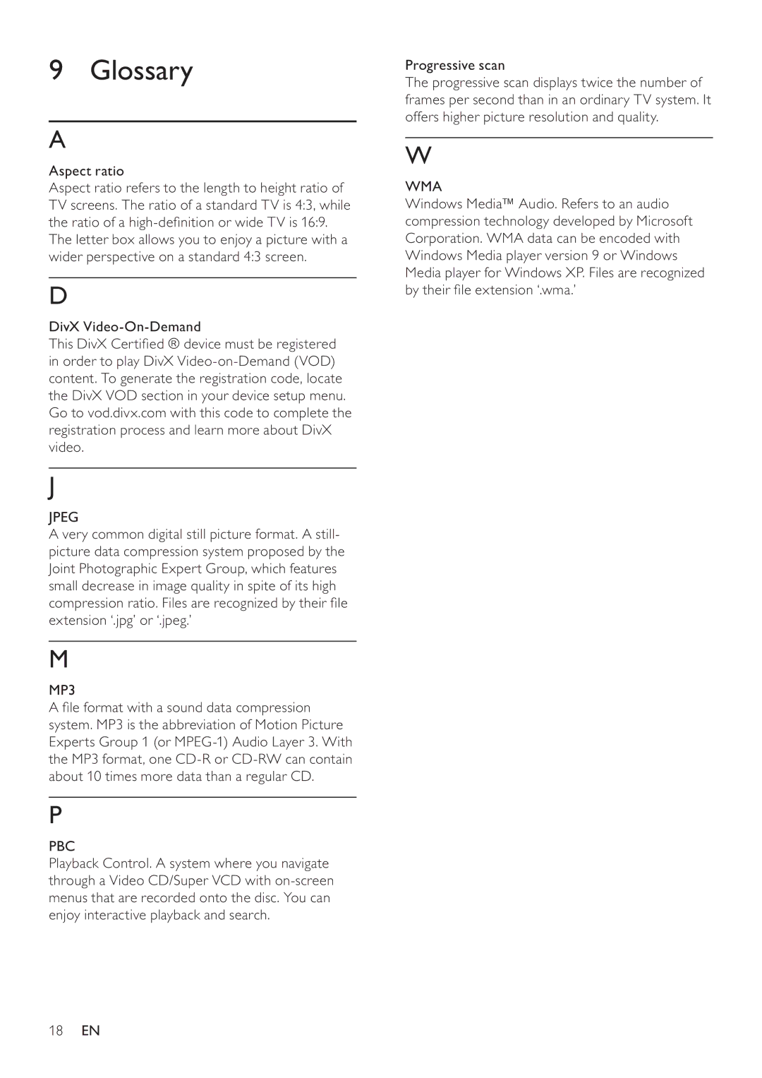 Philips DVP3111 user manual Glossary, Aspect ratio, Progressive scan 