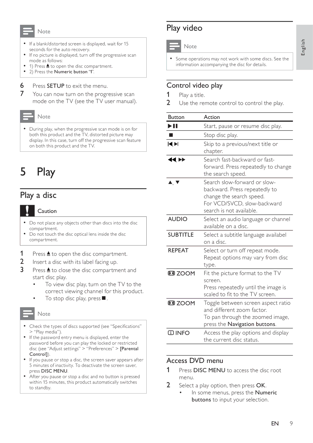 Philips DVP3111 user manual Play a disc, Play video, Control video play, Access DVD menu 