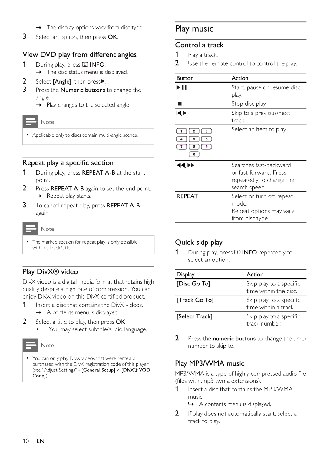 Philips DVP3111/12 user manual Play music, Control a track, Quick skip play, Play MP3/WMA music 