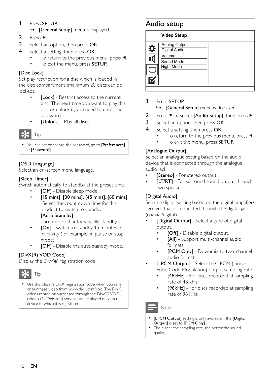 Philips DVP3111/12 user manual Audio setup, 12 EN 