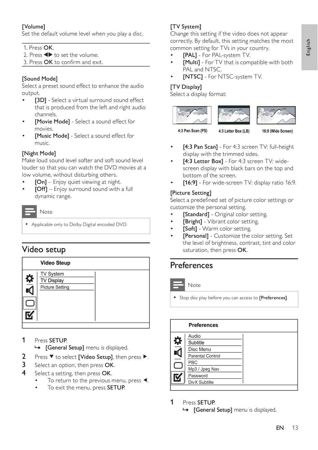 Philips DVP3111/12 user manual Video setup, Preferences, Press Setup » General Setup menu is displayed 