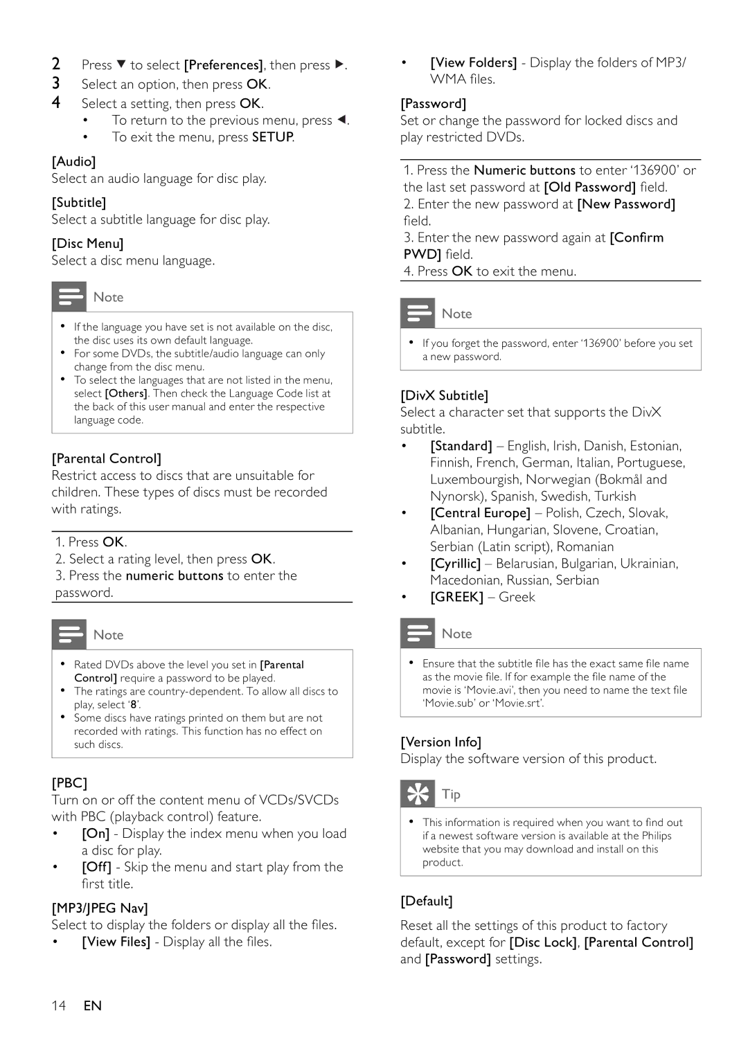 Philips DVP3111/12 user manual Pbc, Version Info Display the software version of this product 