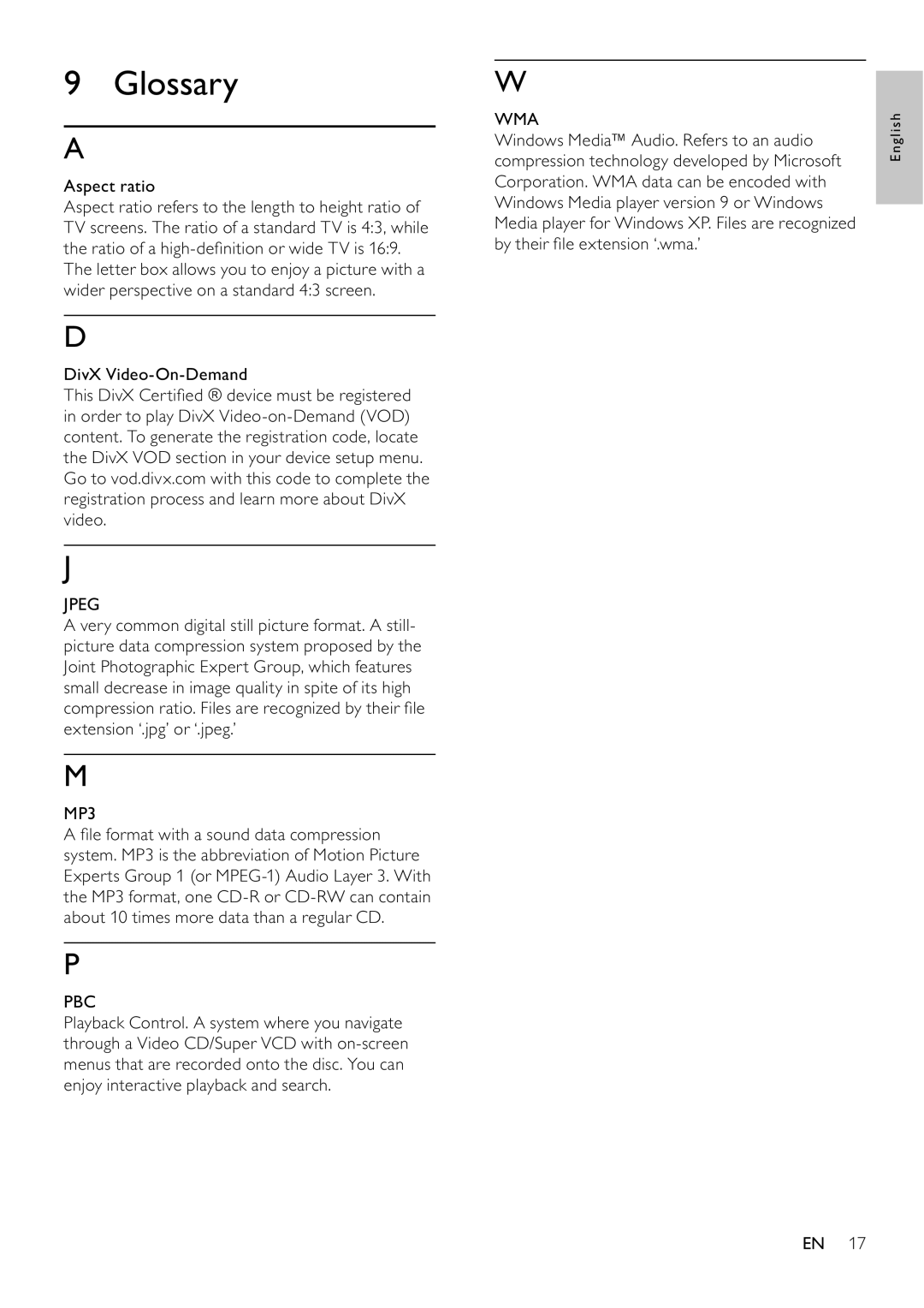 Philips DVP3111/12 user manual Glossary, Aspect ratio, Jpeg, MP3, Wma 