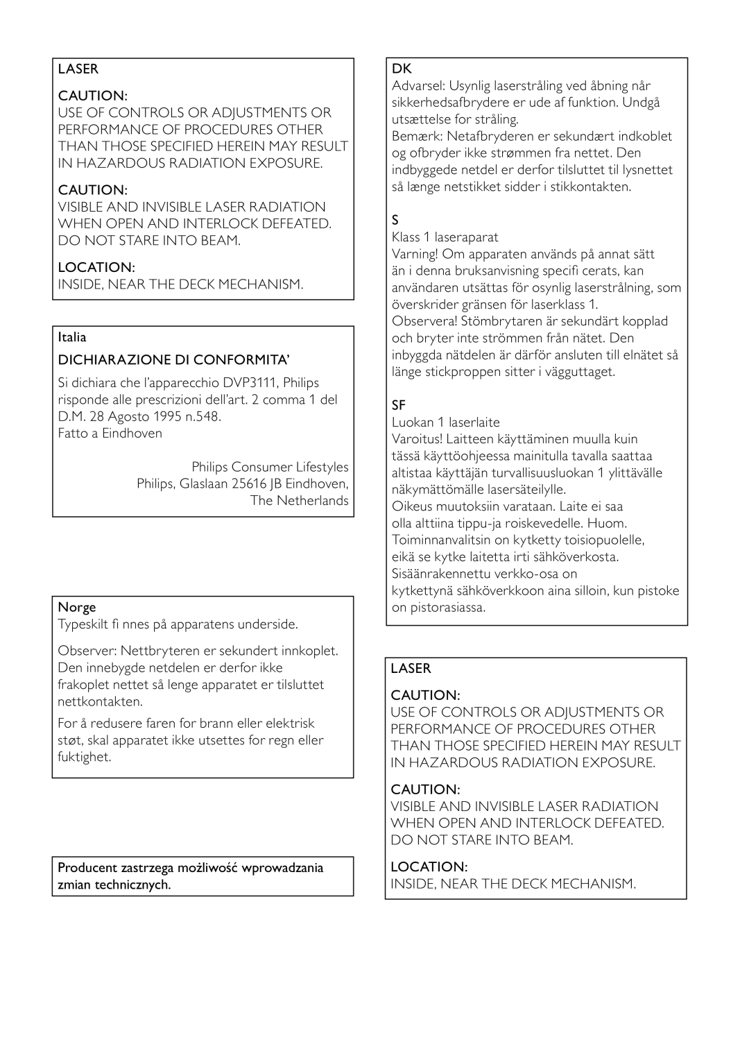 Philips DVP3111/12 user manual Laser, Italia, Dichiarazione DI CONFORMITA’ 