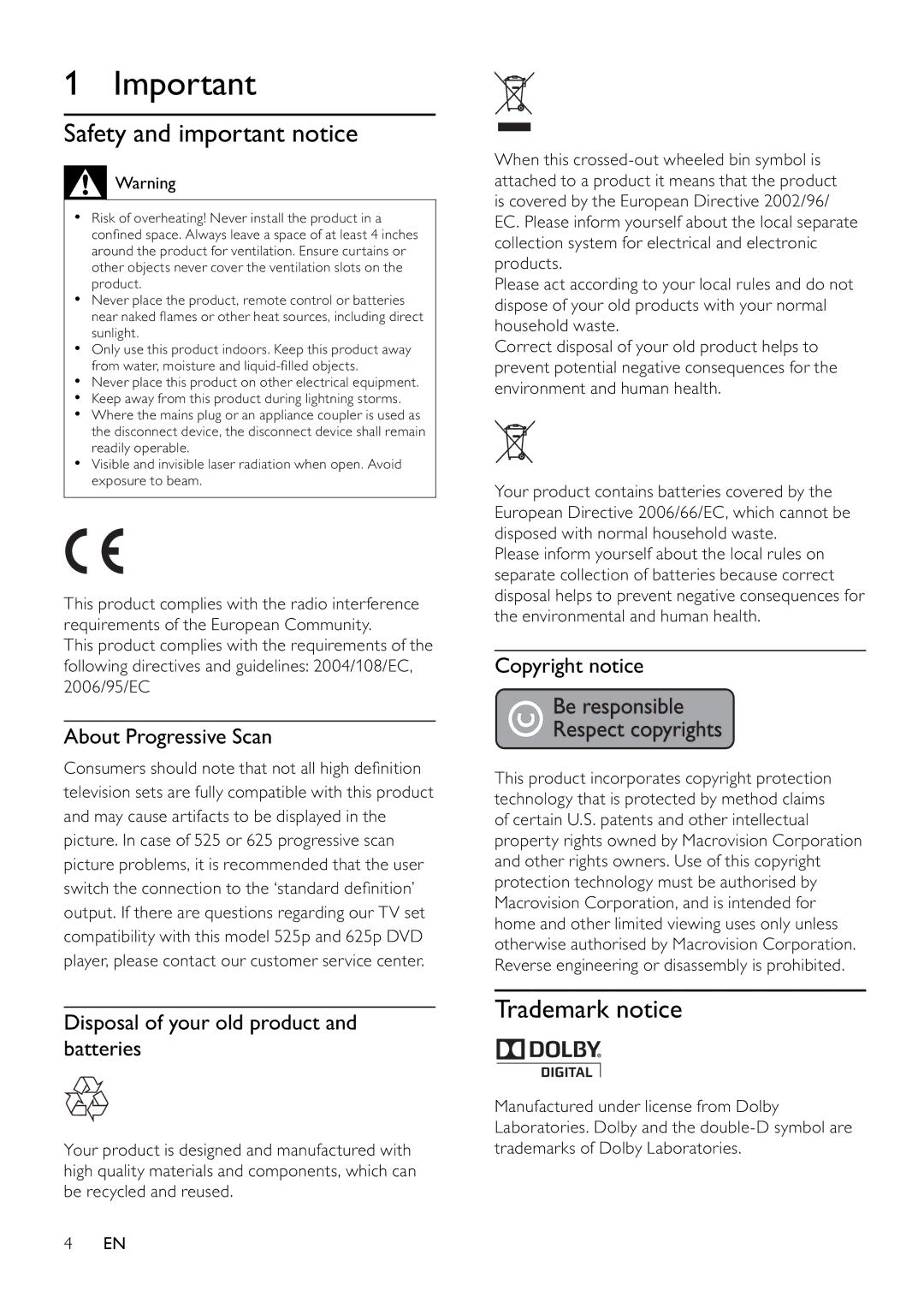 Philips DVP3111/12 user manual Safety and important notice, Trademark notice, About Progressive Scan, Copyright notice 