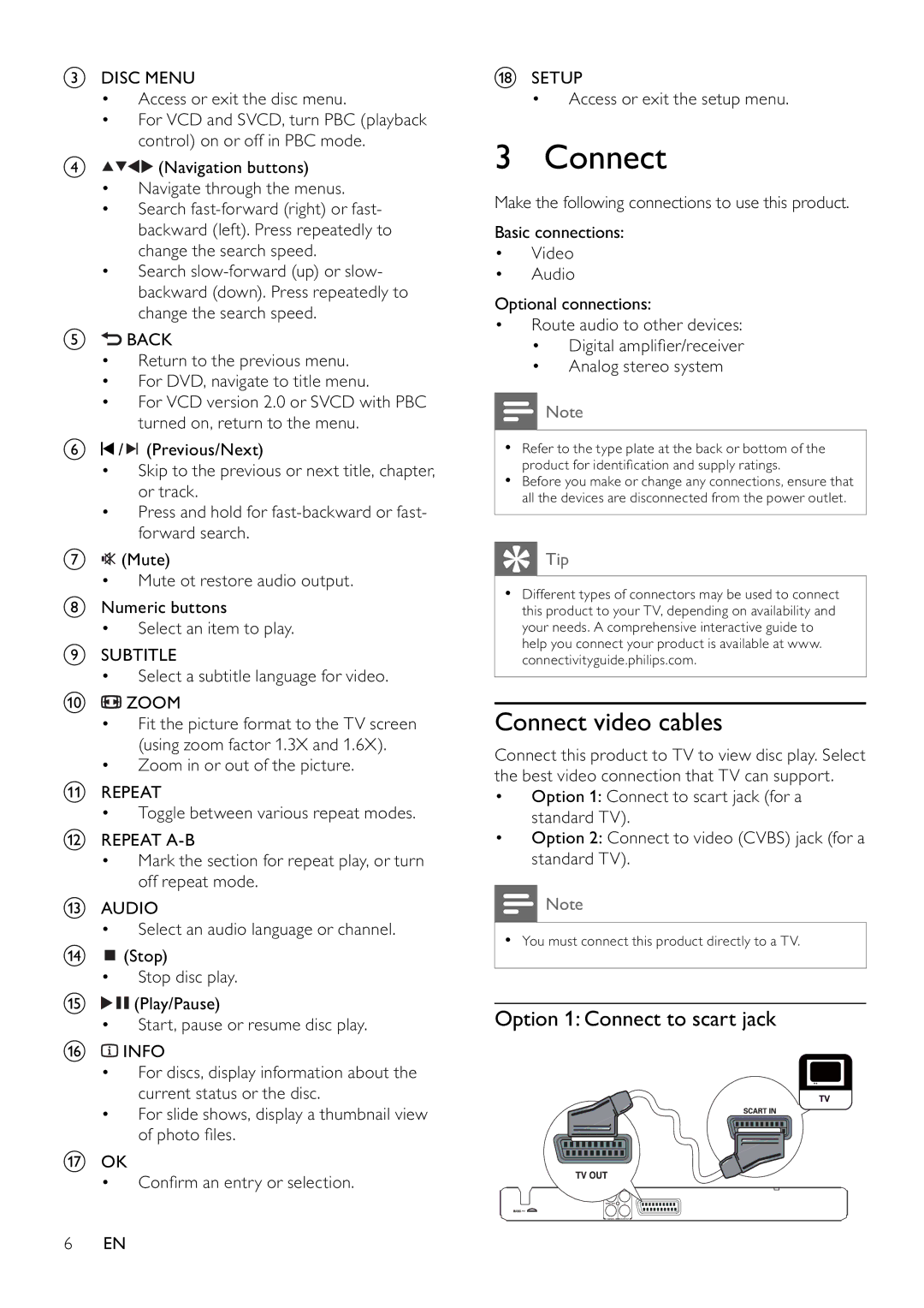 Philips DVP3111/12 Connect video cables, Option 1 Connect to scart jack, Disc Menu Access or exit the disc menu 