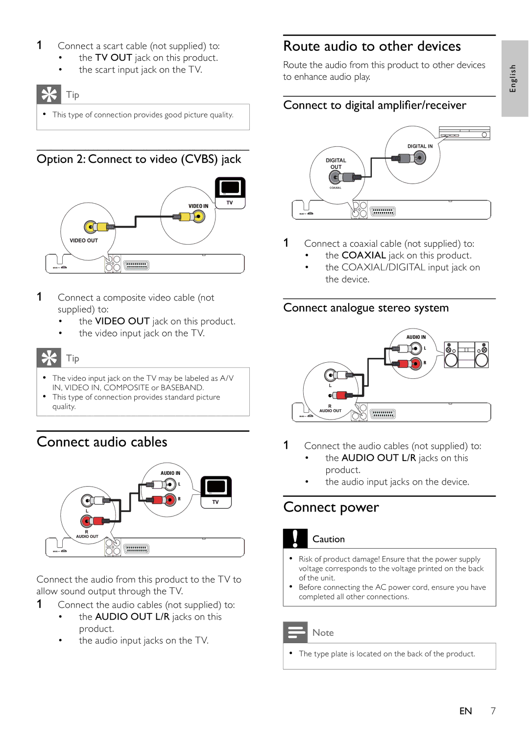 Philips DVP3111/12 user manual Connect audio cables, Route audio to other devices, Connect power 