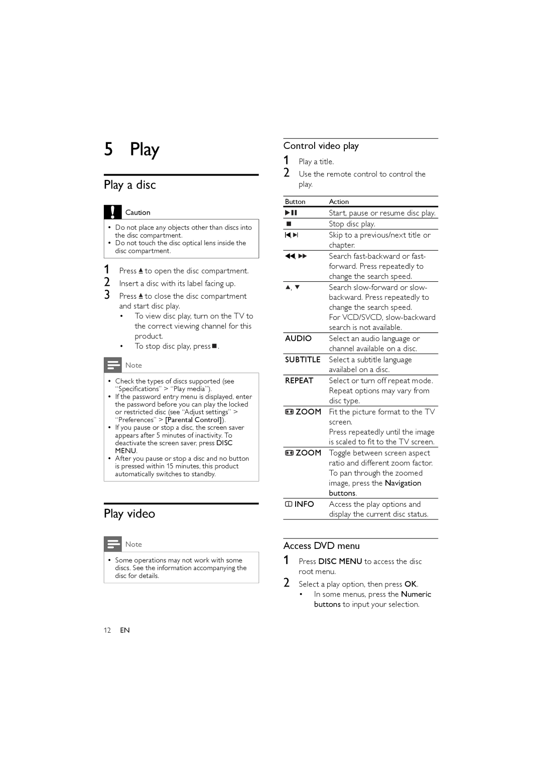 Philips DVP3111/51 user manual Play a disc, Play video, Control video play, Access DVD menu 