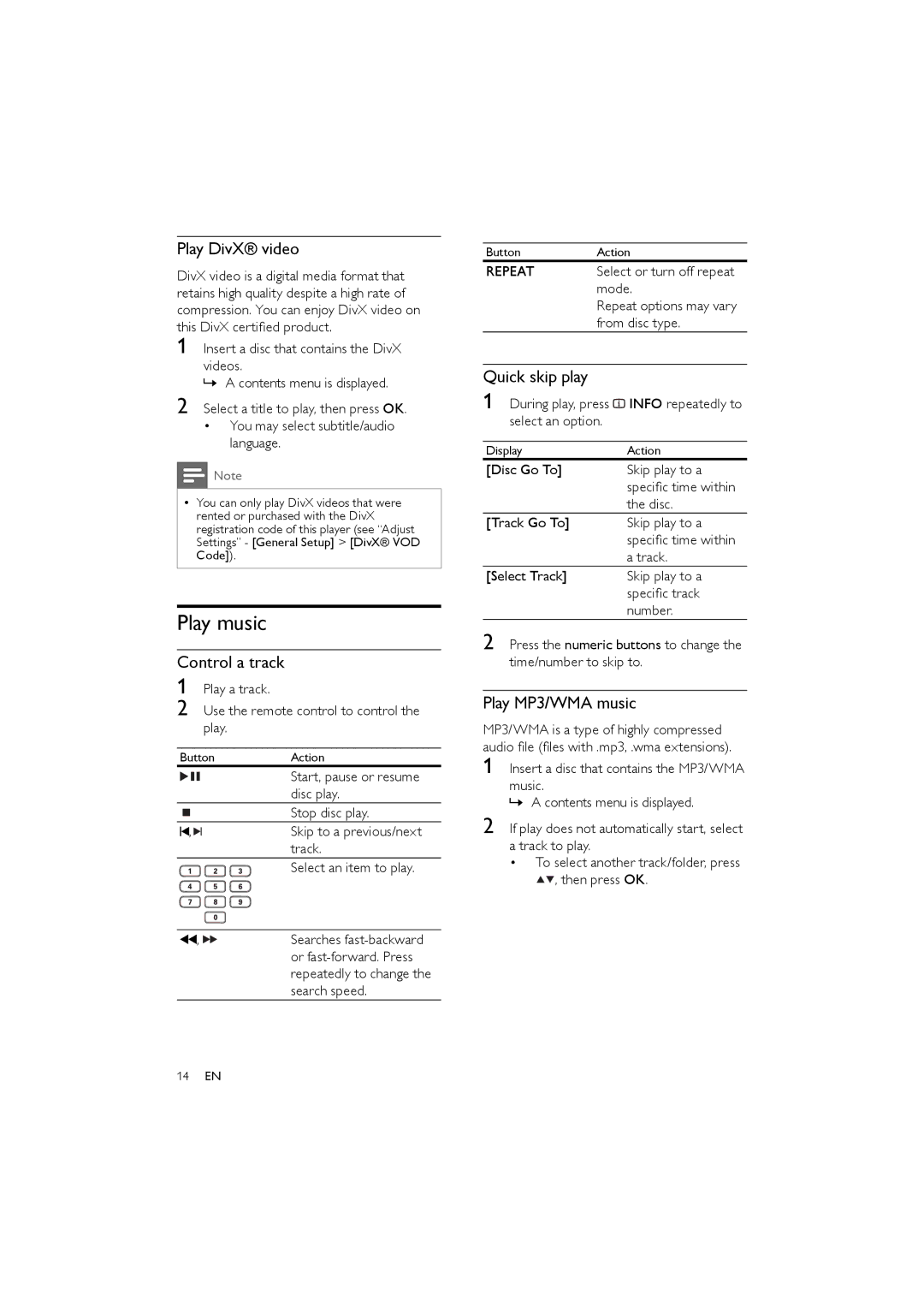 Philips DVP3111/51 user manual Play music, Play DivX video, Control a track, Quick skip play, Play MP3/WMA music 