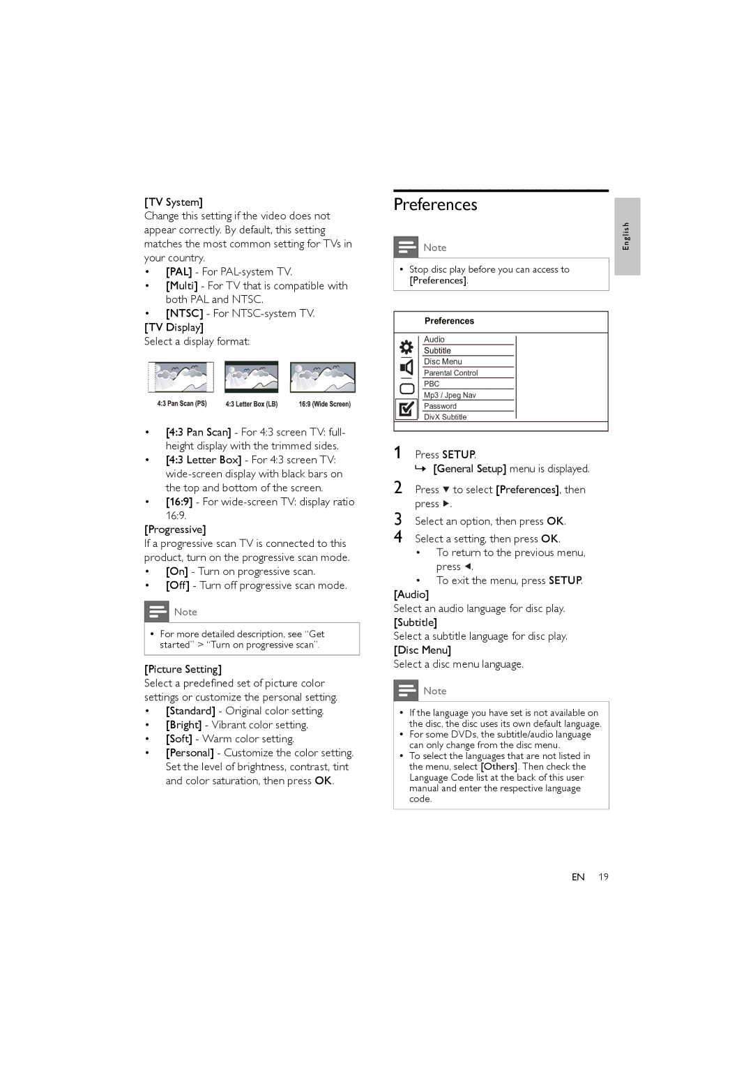 Philips DVP3111/51 user manual Preferences, For wide-screen TV display ratio 169 Progressive, Picture Setting 