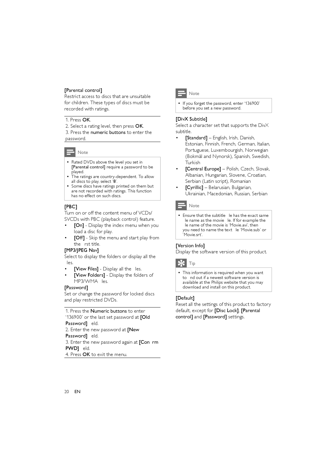 Philips DVP3111/51 user manual Version Info Display the software version of this product, Default 