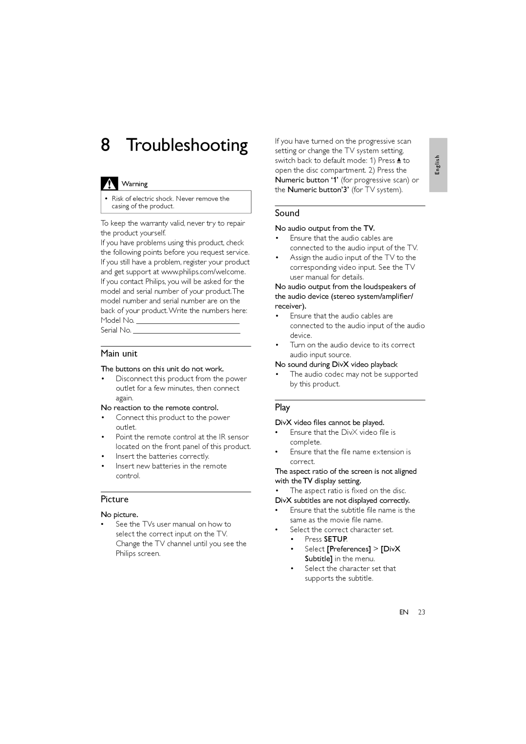 Philips DVP3111/51 user manual Troubleshooting, Picture, Sound, Play 