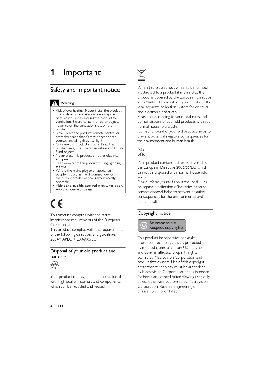 Philips DVP3111/51 user manual Safety and important notice, Disposal of your old product and batteries, Copyright notice 