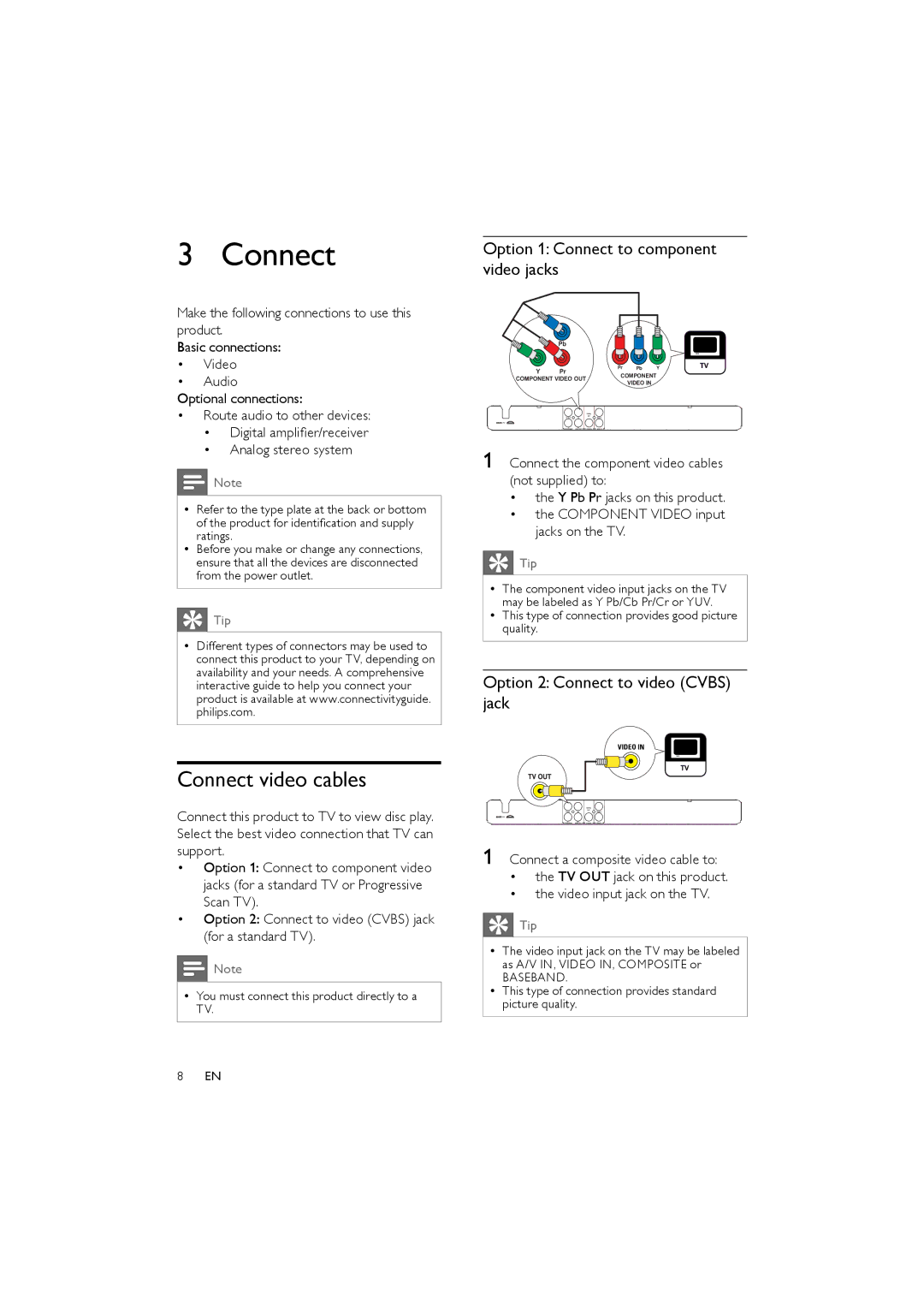 Philips DVP3111/51 user manual Connect video cables, Option 1 Connect to component video jacks 