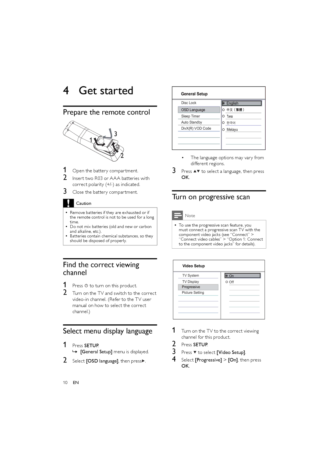 Philips DVP3111/51 Get started, Prepare the remote control, Find the correct viewing channel, Select menu display language 