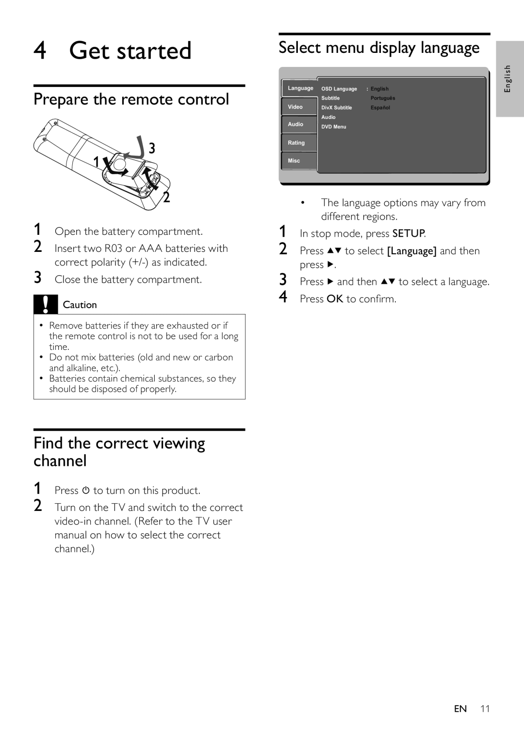 Philips DVP3111/55 Find the correct viewing channel, Open the battery compartment, Close the battery compartment 