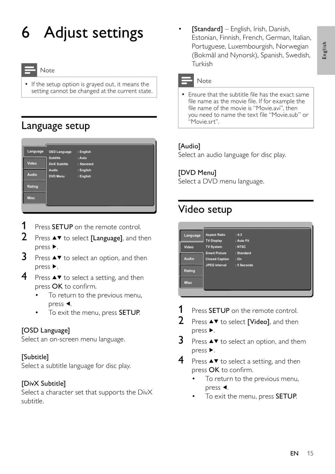 Philips DVP3111/55 user manual Adjust settings, Language setup, Video setup 