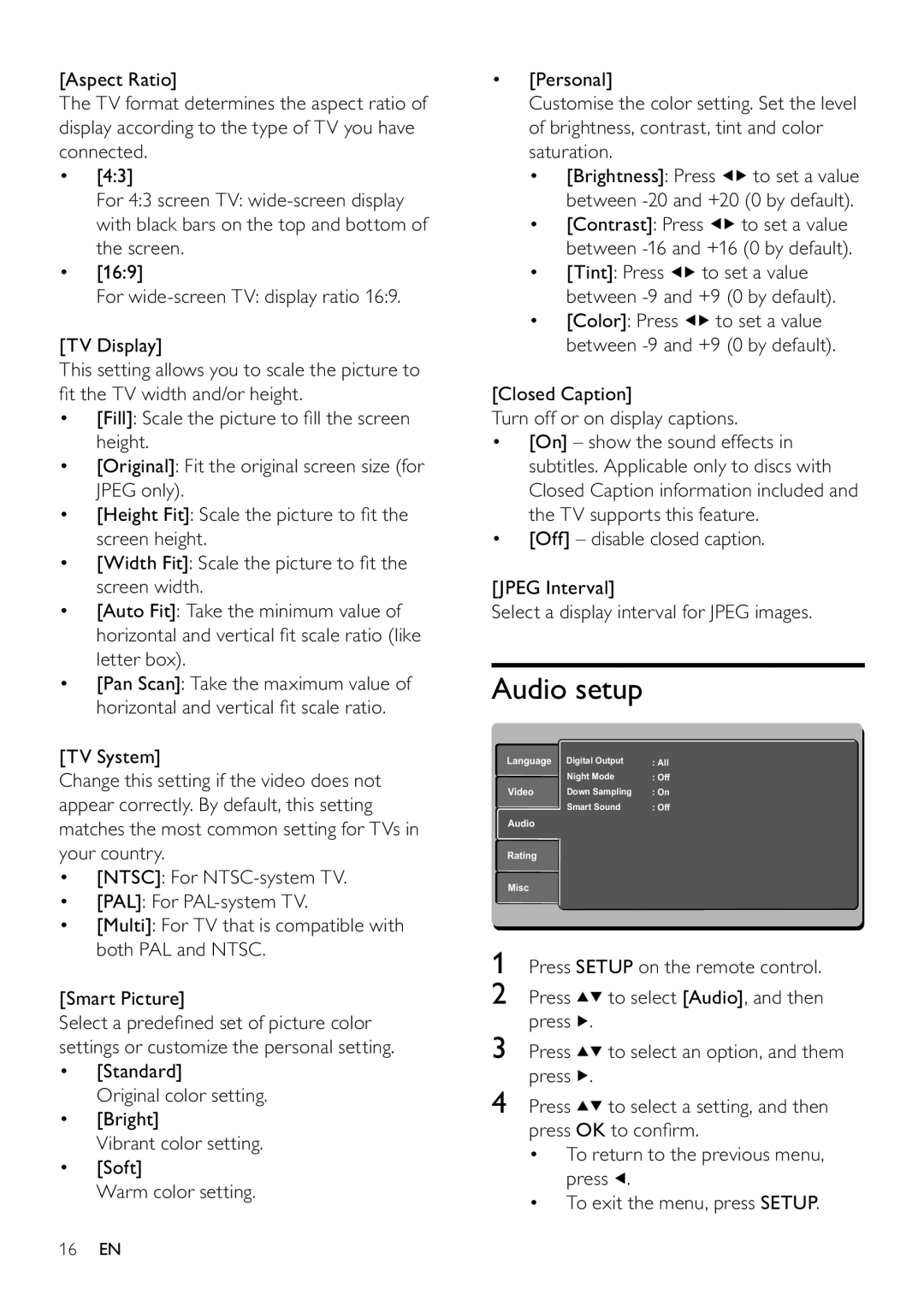 Philips DVP3111/55 user manual Audio setup, Closed Caption Turn off or on display captions 