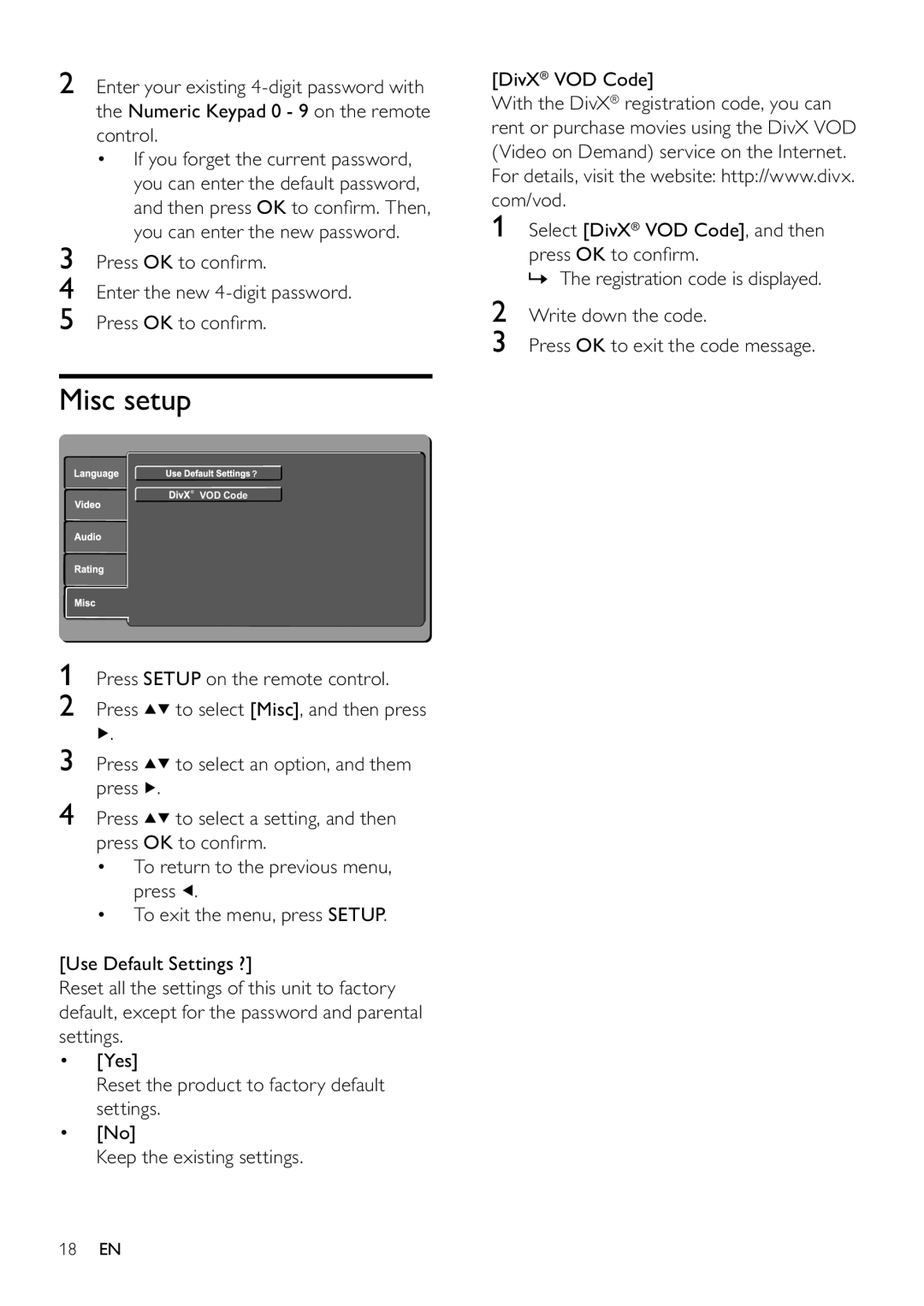 Philips DVP3111/55 user manual Misc setup, Press OK to conﬁrm Enter the new 4-digit password 