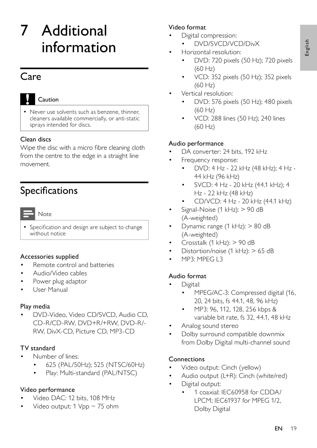 Philips DVP3111/55 user manual Additional information, Care, Speciﬁcations, Analog sound stereo 