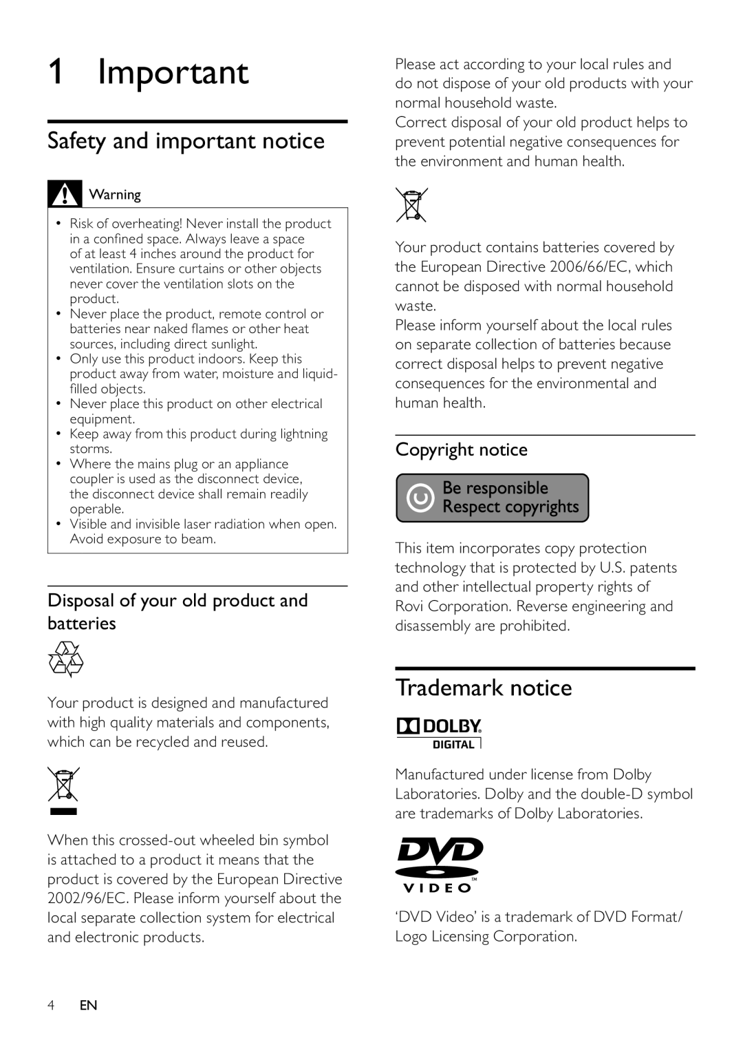 Philips DVP3111/55 user manual Safety and important notice, Trademark notice, Disposal of your old product and batteries 