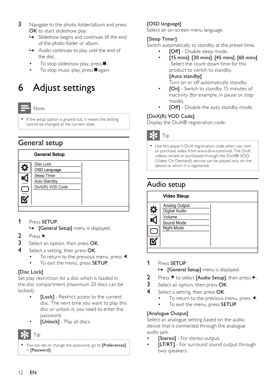 Philips DVP3111/79 user manual Adjust settings, General setup, Audio setup 