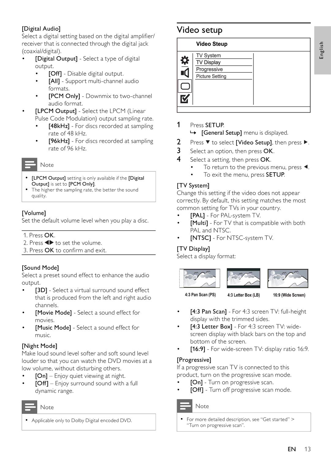 Philips DVP3111/79 user manual Video setup 