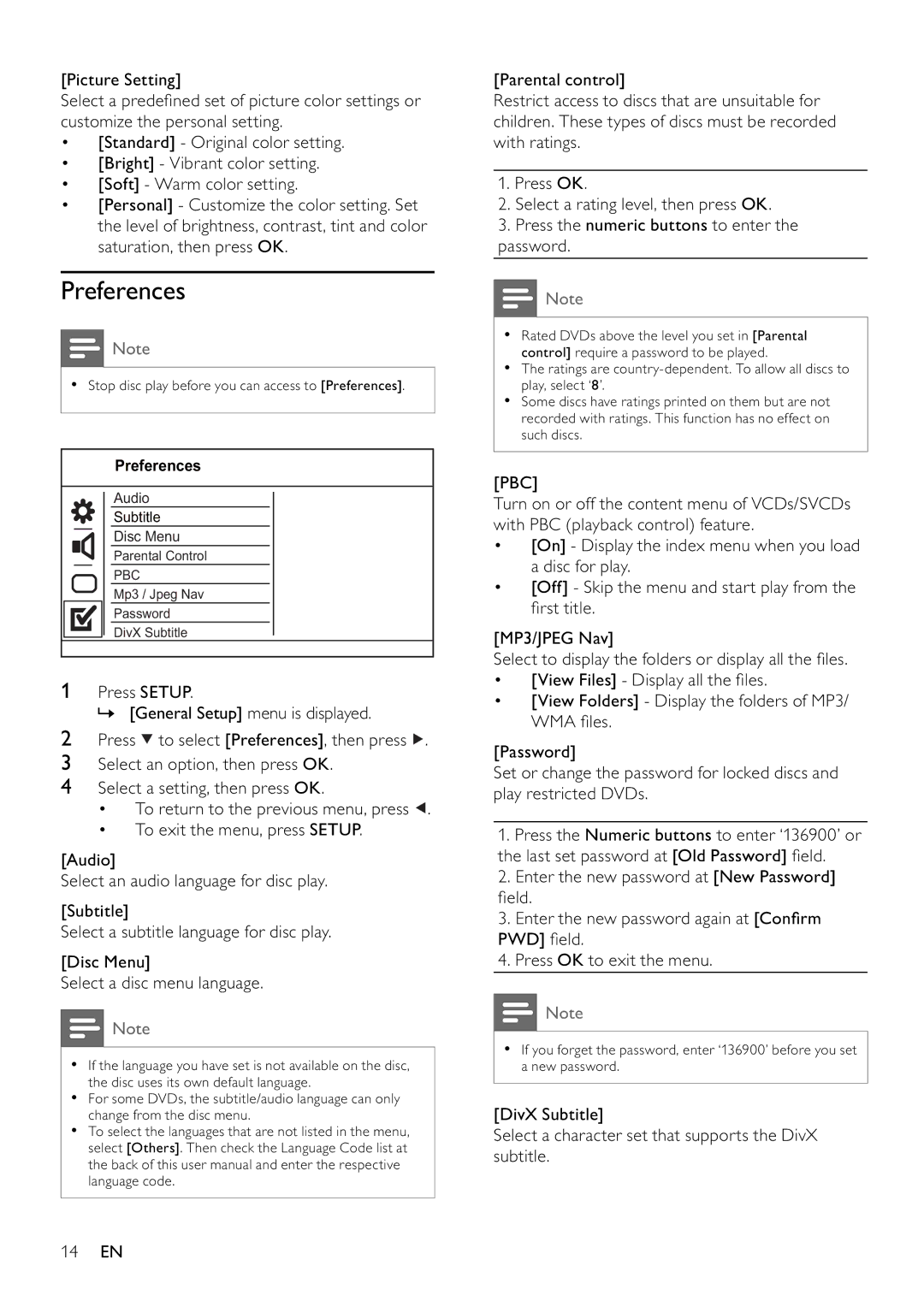 Philips DVP3111/79 user manual Preferences, Pbc 