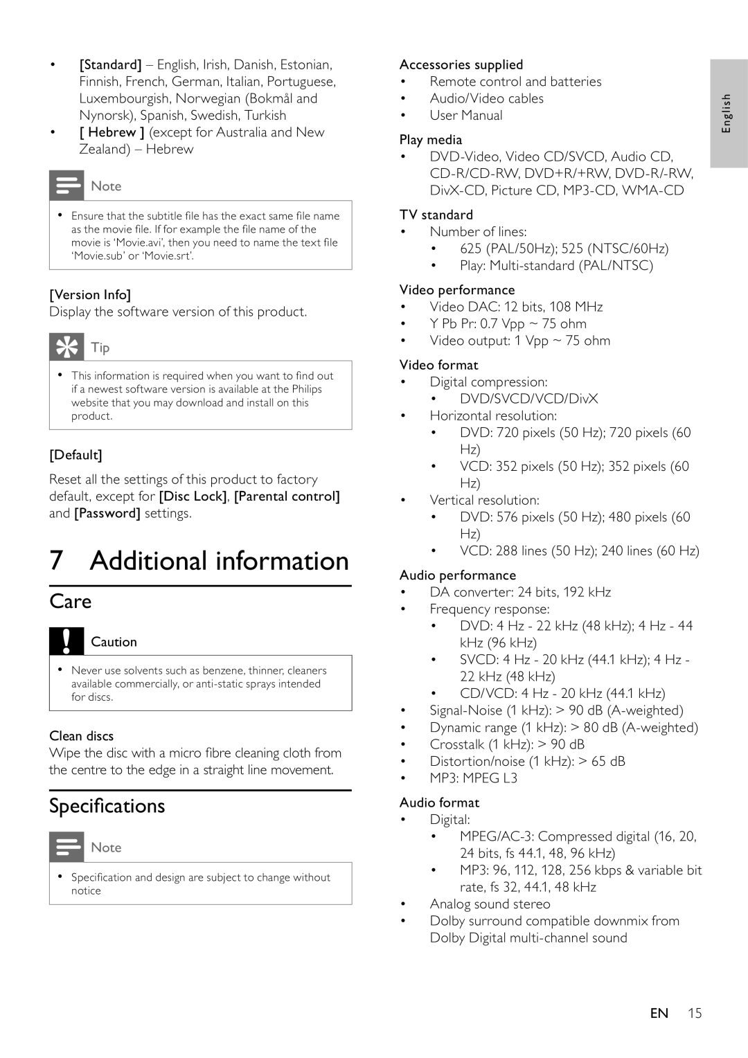 Philips DVP3111/79 user manual Additional information, Care, Speciﬁ cations 