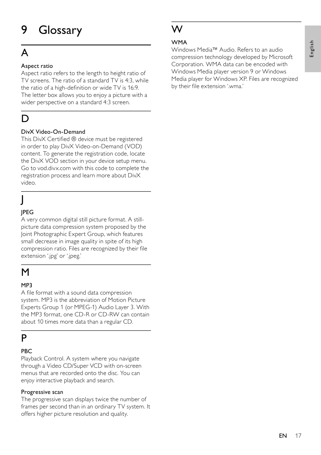 Philips DVP3111/79 user manual Glossary, Aspect ratio, Progressive scan 