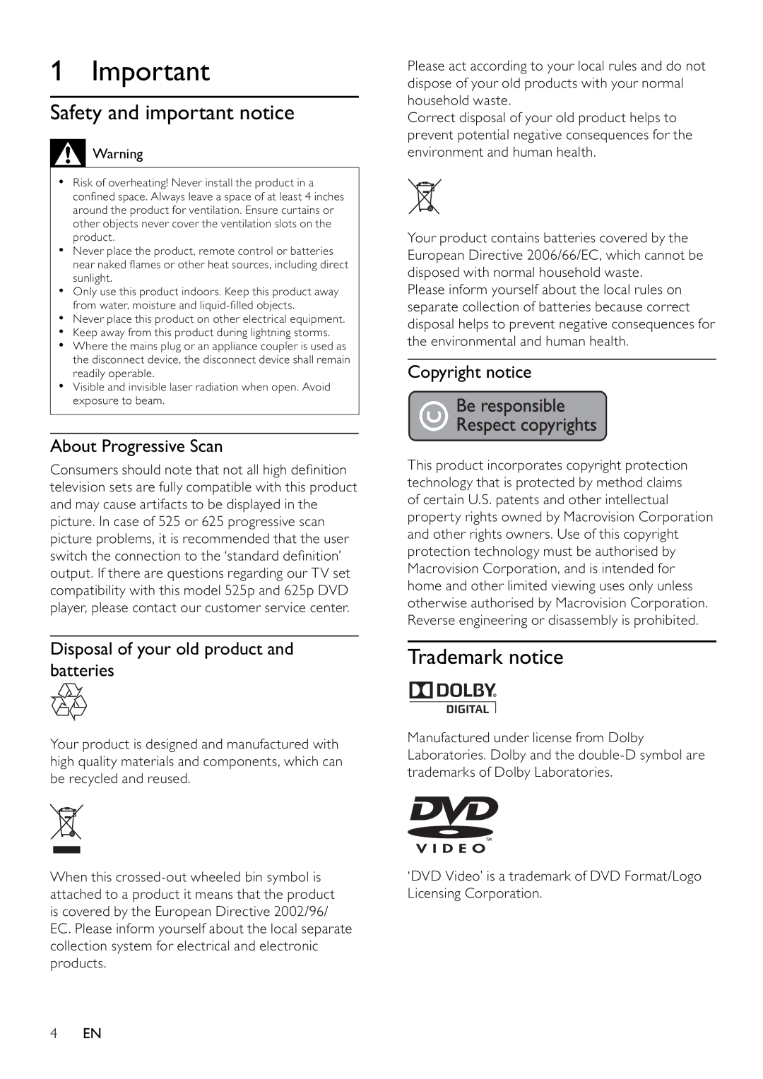 Philips DVP3111/79 user manual Safety and important notice, Trademark notice, About Progressive Scan, Copyright notice 