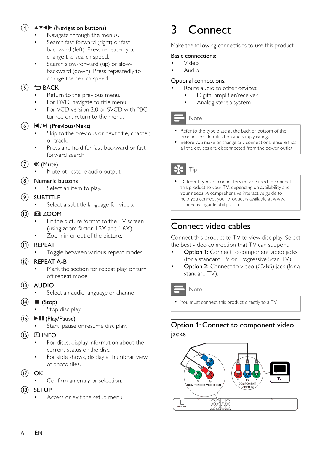 Philips DVP3111/79 user manual Connect video cables, Option 1 Connect to component video jacks 