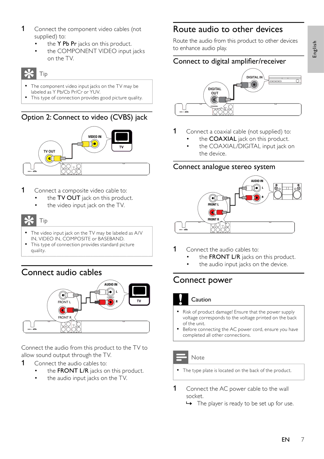 Philips DVP3111/79 user manual Connect audio cables, Route audio to other devices, Connect power 