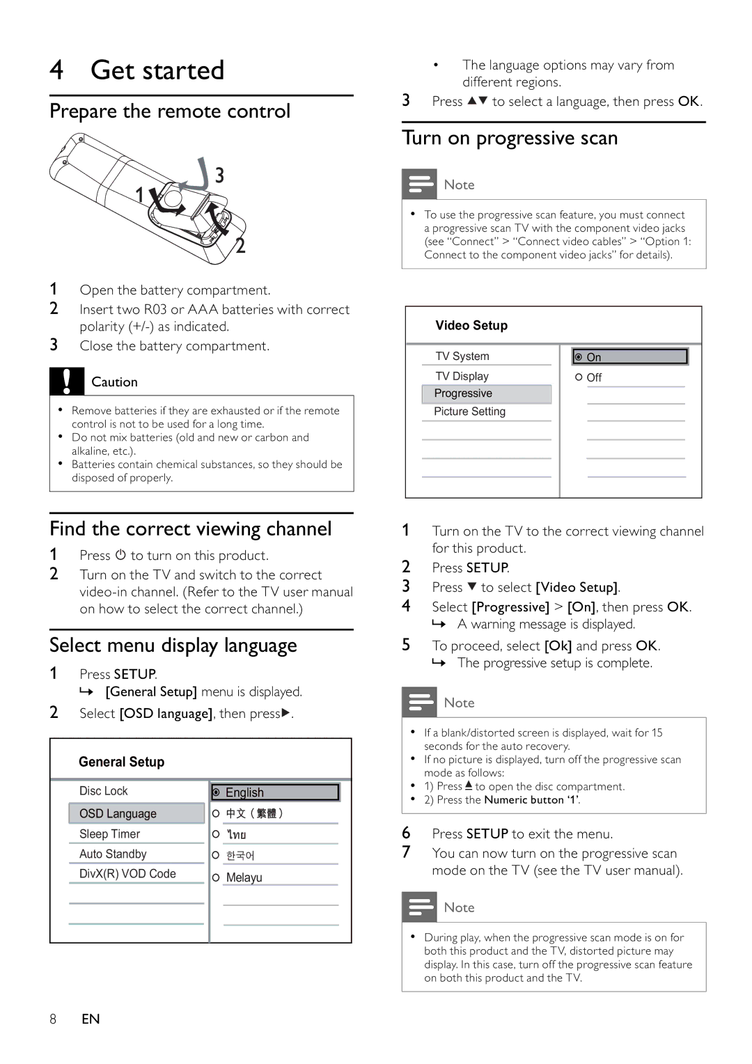 Philips DVP3111/79 Get started, Prepare the remote control, Turn on progressive scan, Find the correct viewing channel 