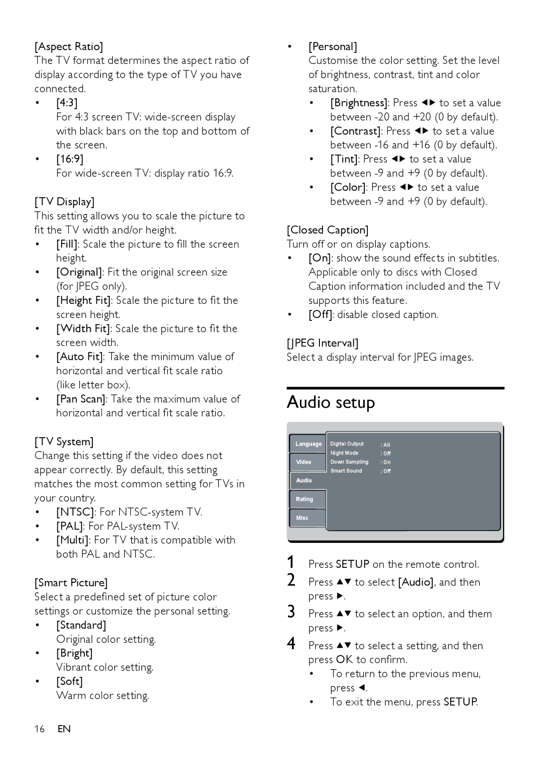 Philips DVP3111X/77, DVP3111/77 user manual Audio setup, Like letter box, Closed Caption Turn off or on display captions 