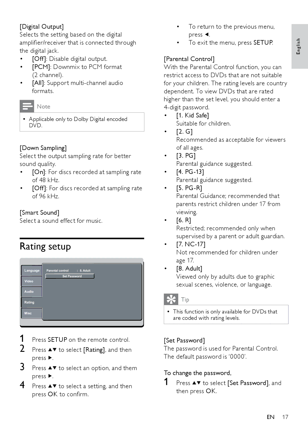 Philips DVP3111/77, DVP3111X/77 user manual Rating setup 