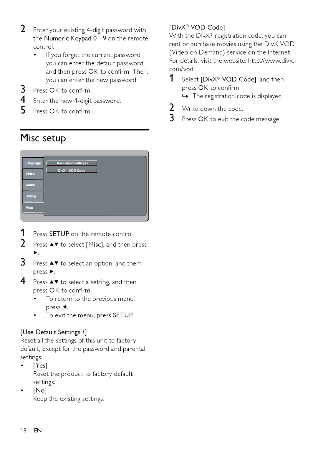 Philips DVP3111X Misc setup, Press OK to confirm Enter the new 4-digit password, Press Setup on the remote control 