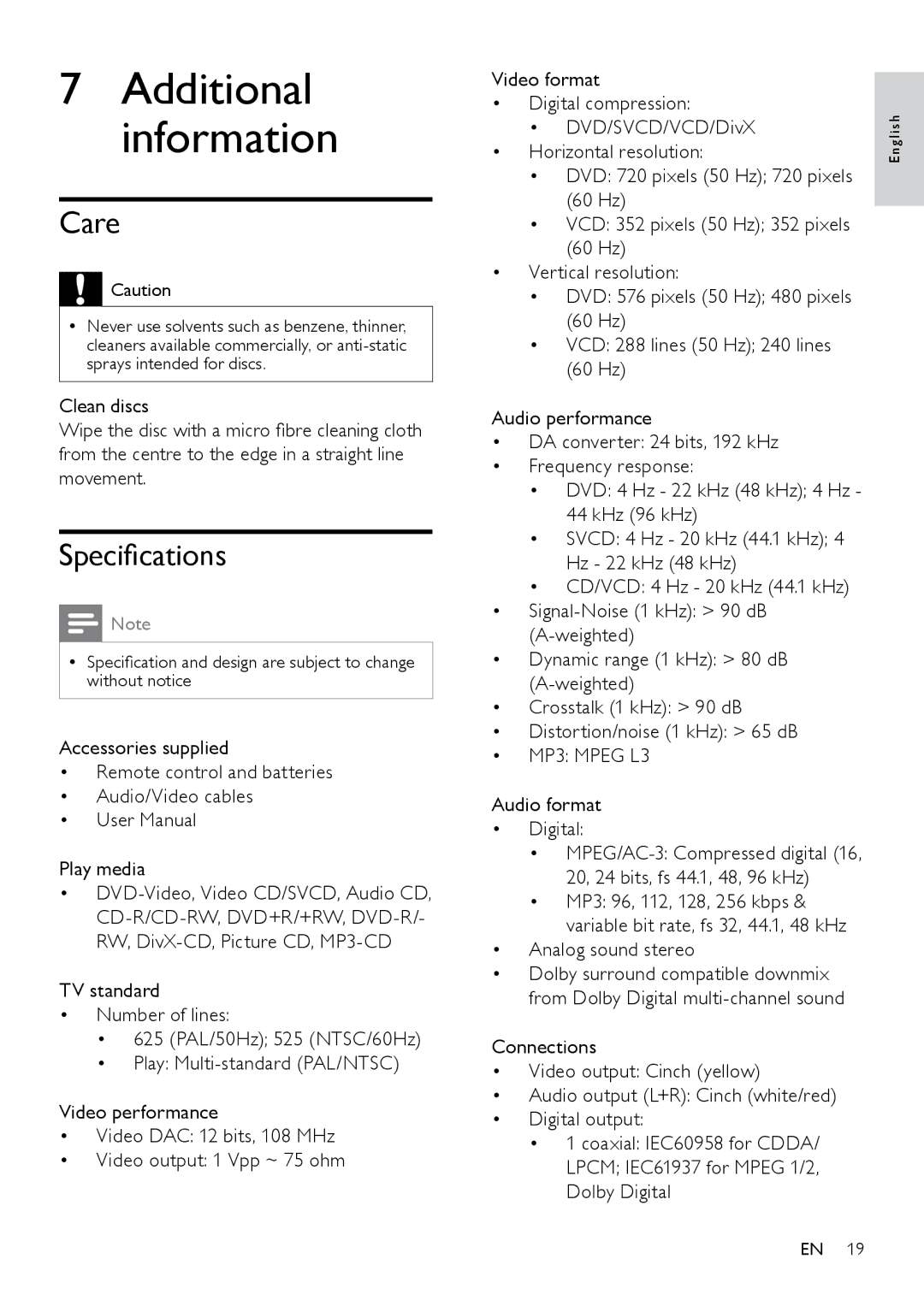 Philips DVP3111X/77, DVP3111/77 user manual Additional information, Care, Specifications, Analog sound stereo 